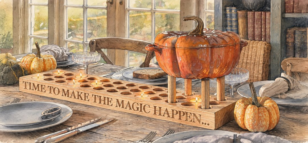 Watercolour sketch: oak candle runner engraved 'Time to make the magic happen' on an autumn table