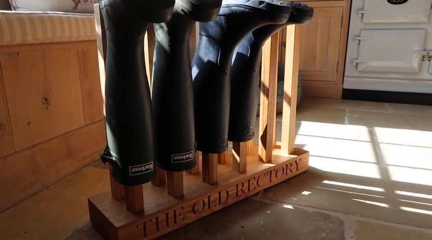 THE OLD RECTORY welly rack, filled with wellies. Still: Josie Irons on YouTube